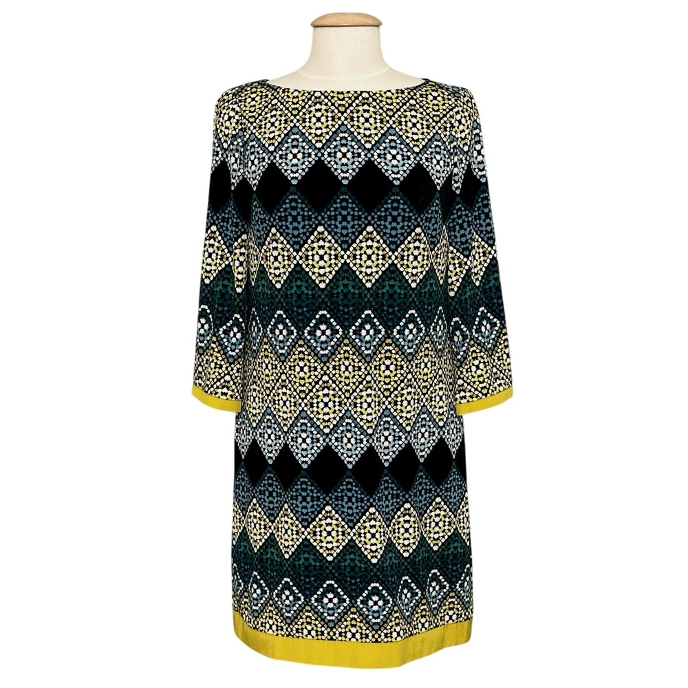 VTG 90s Eliza J Womens Dress 8 Blue Gold Diamond Stretch Jersey Retro Y2K Office